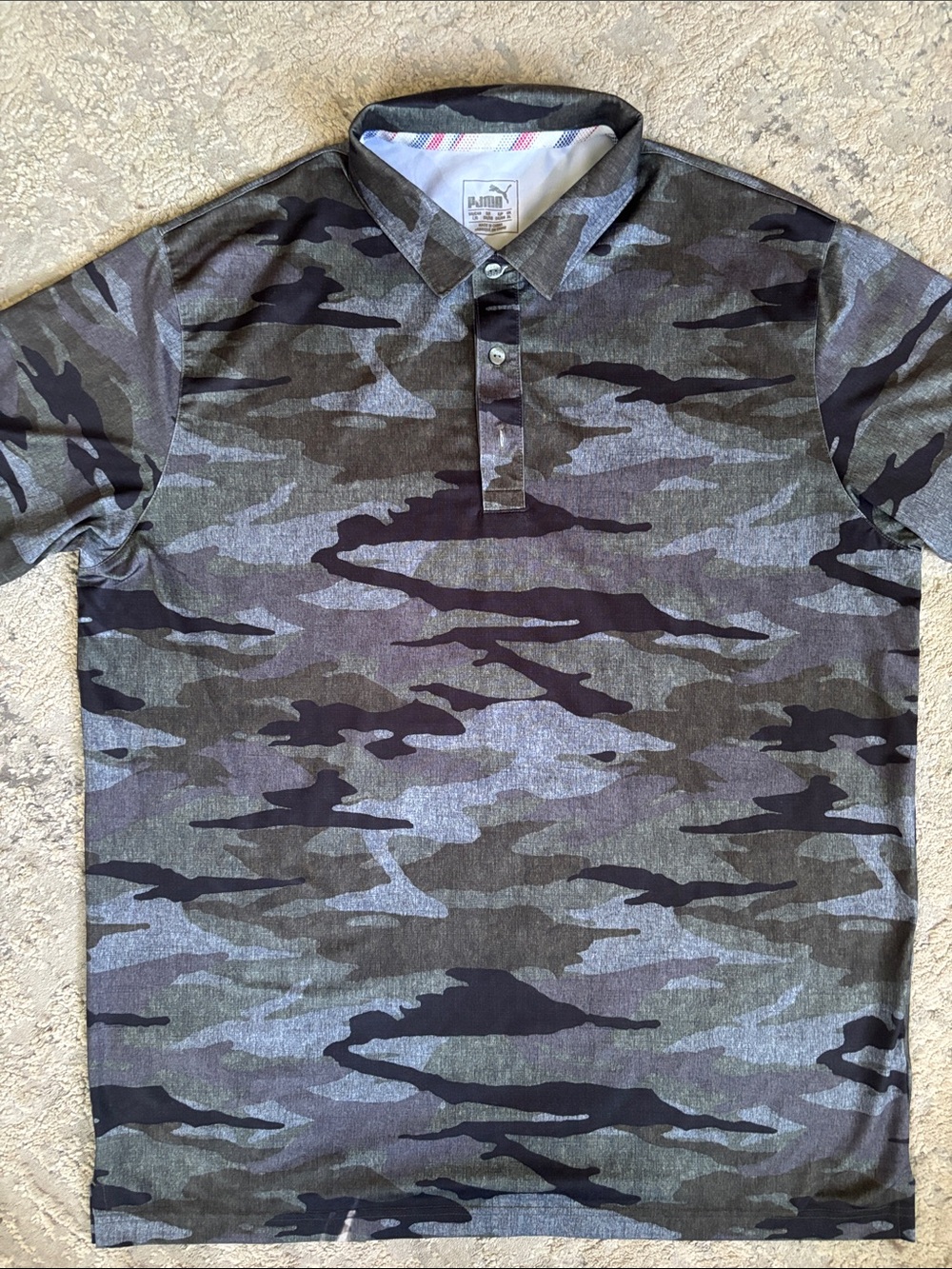 Puma Men’s Camo Polo Shirt - Gray and Black small white mark see pics.